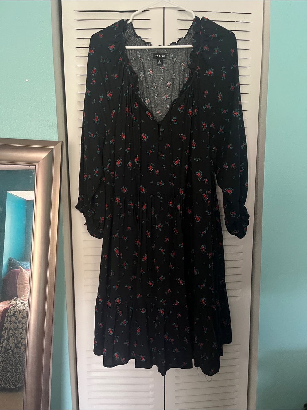 torrid Black Floral Long Sleeve Tiered V-Neck Dress